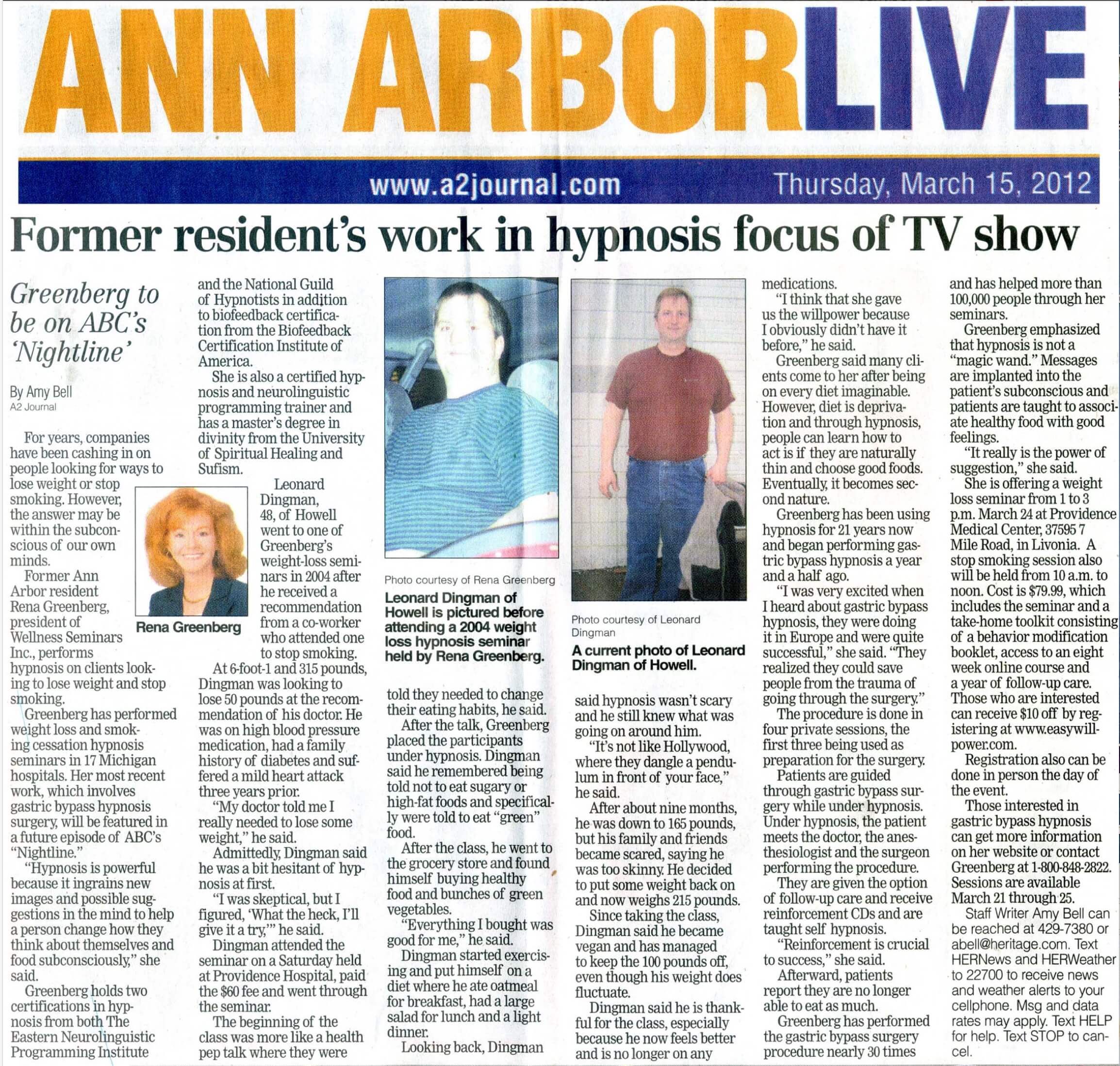 Ann Arbor Live - Rena Greenberg Hypnotist weight loss article