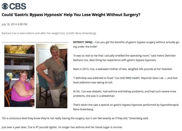 CBS gastric bypass hypnosis features Rena Greenberg