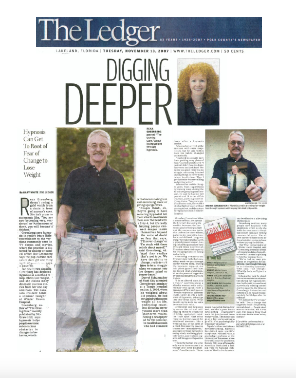 Lakeland Ledger Article with Rena Greenberg, hypnotherapist weight loss expert