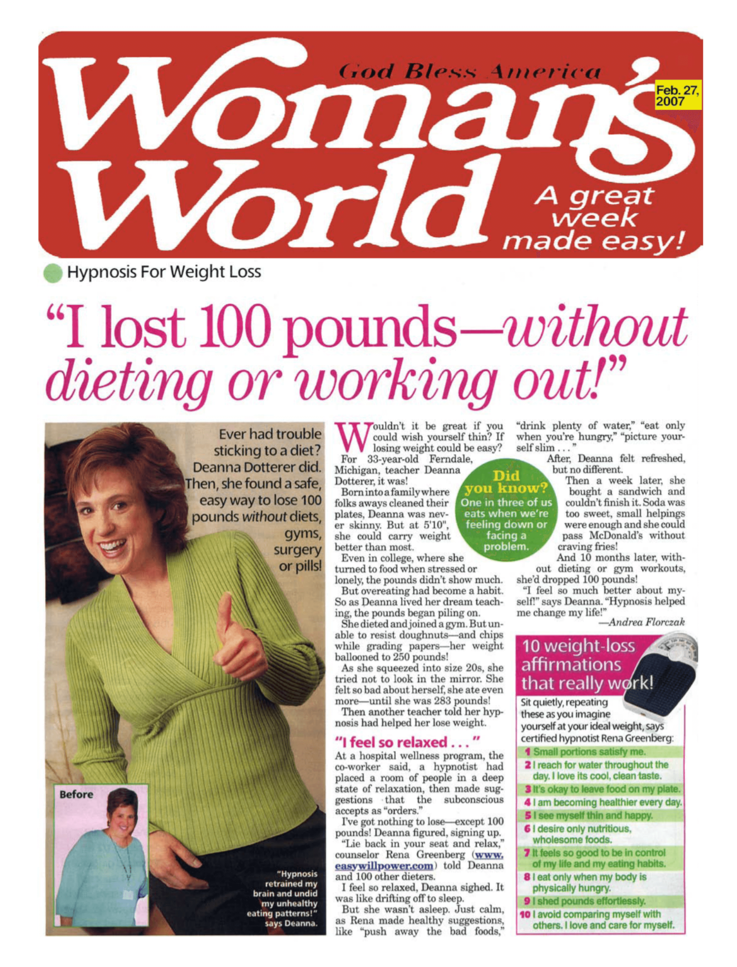 woman's world magazine- rena greenberg hypnotherapist featured weight loss success