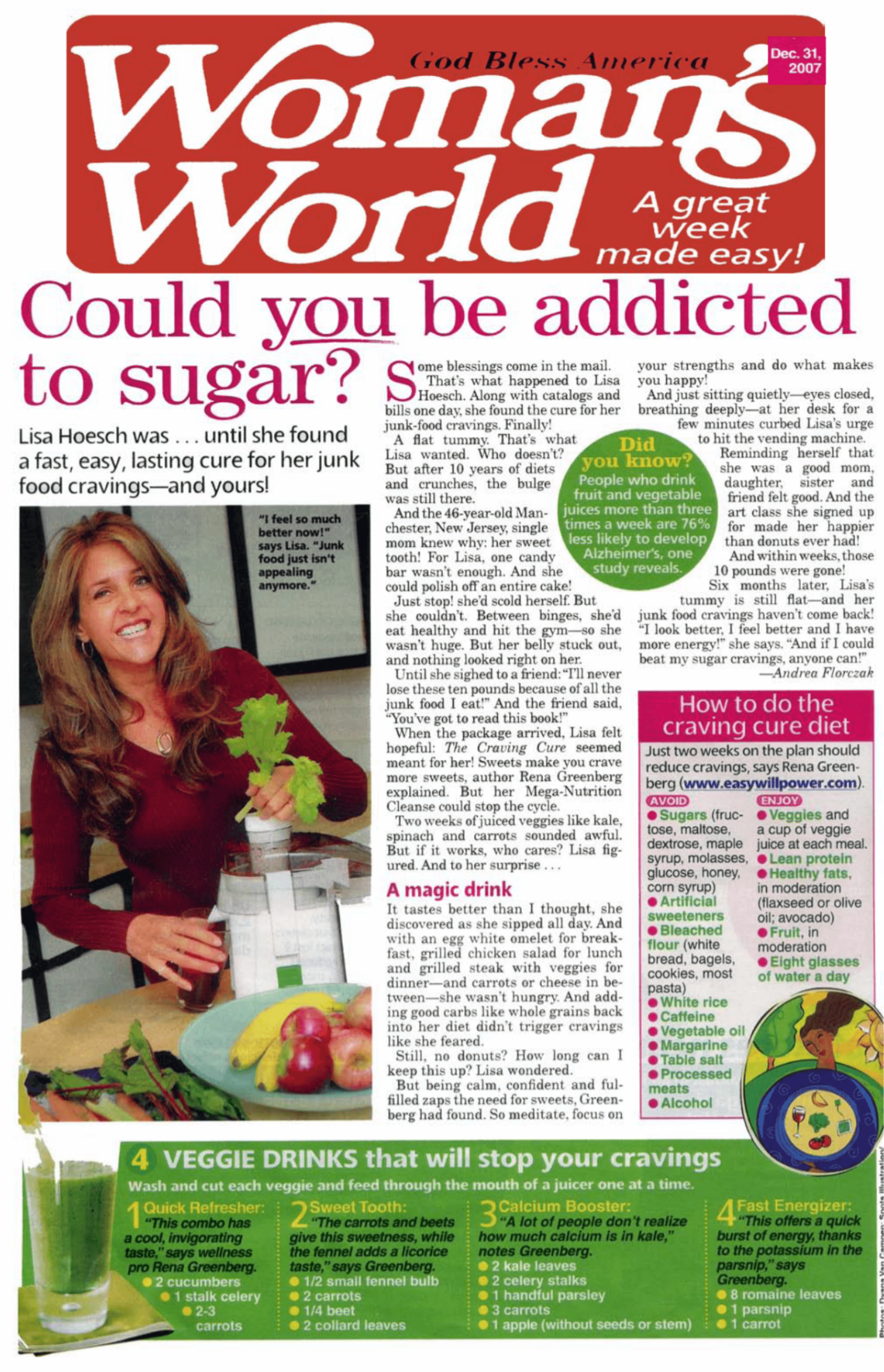 Woman's World Article featuring Rena Greenberg hypnosis: can you be addicted to sugar