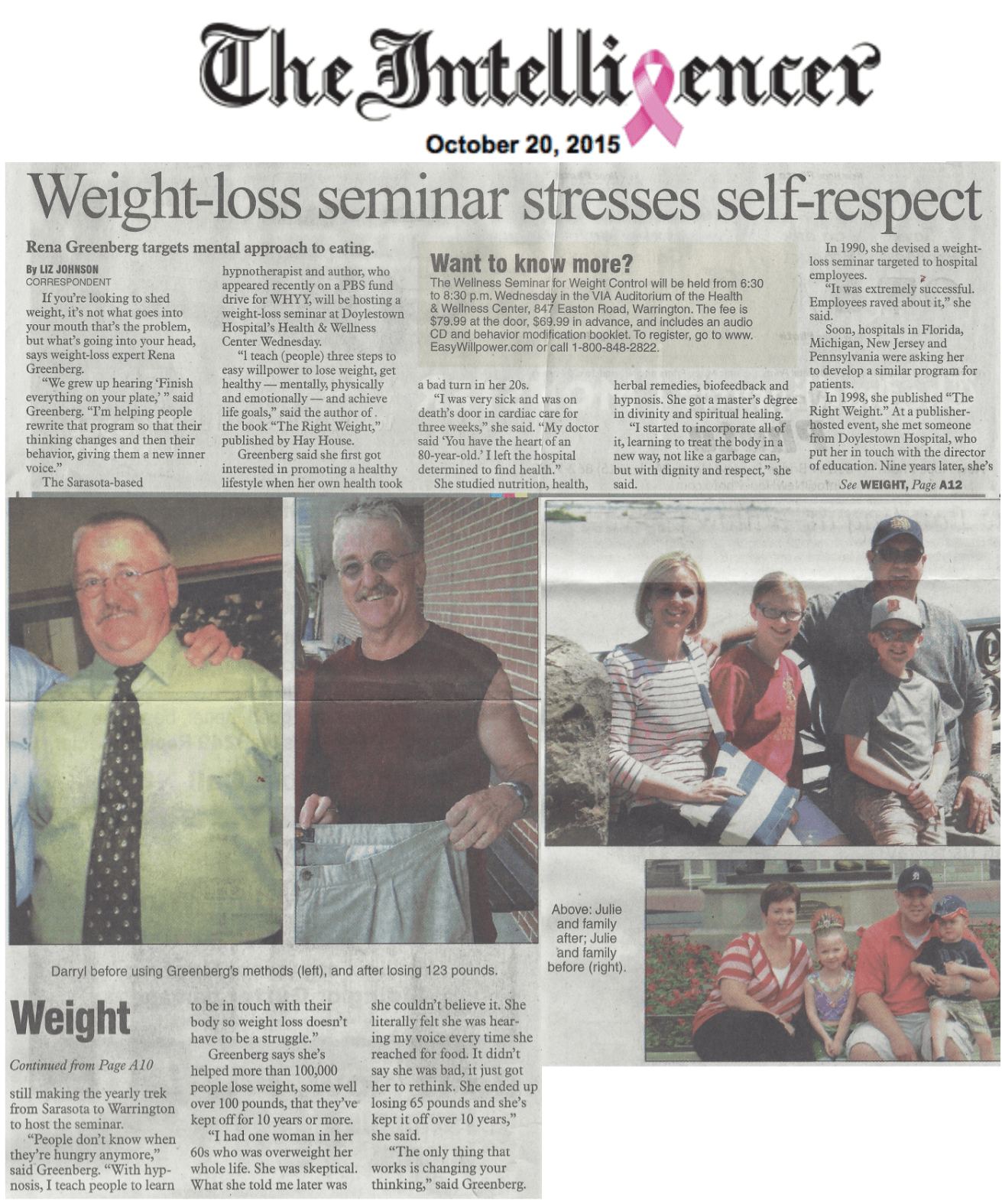 The Intelligencer - Weight Loss Stress self respect - rena greenberg hypnotherapist