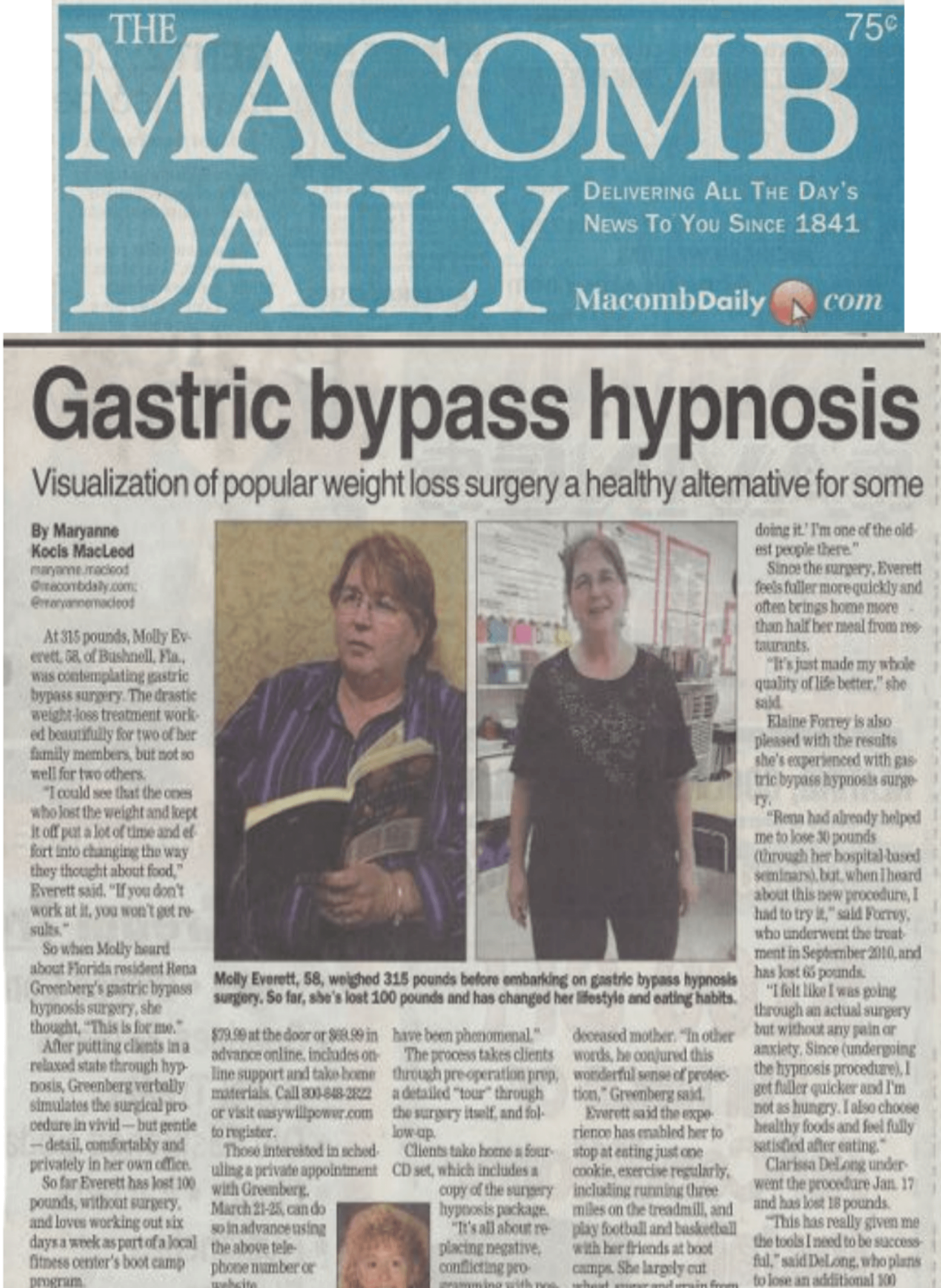 Macomb Daily- rena greenberg hypnotherapist featured