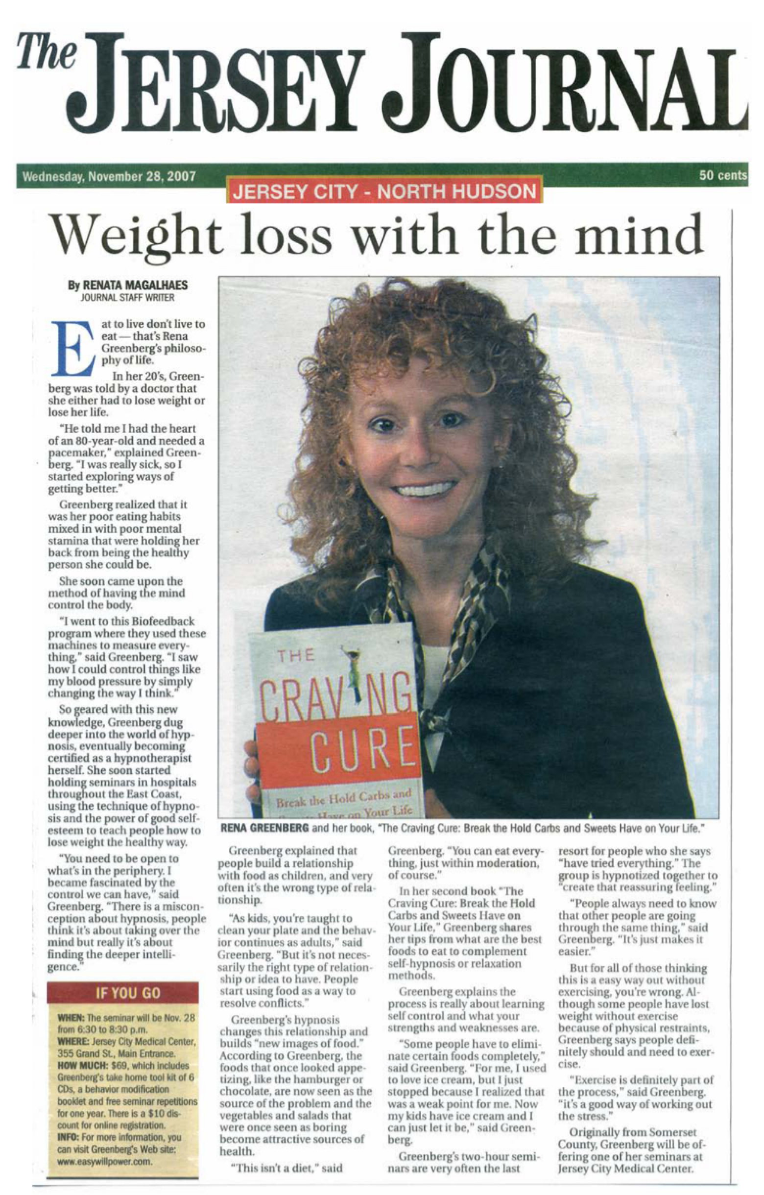 Jersey Journal weight loss hypnosis Rena Greenberg success story