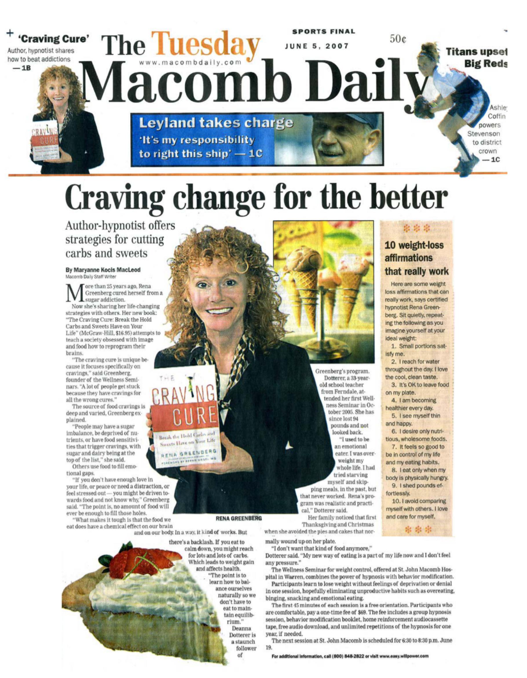 Macomb Daily features Hay House Author Rena Greenberg weight loss hypnosis success