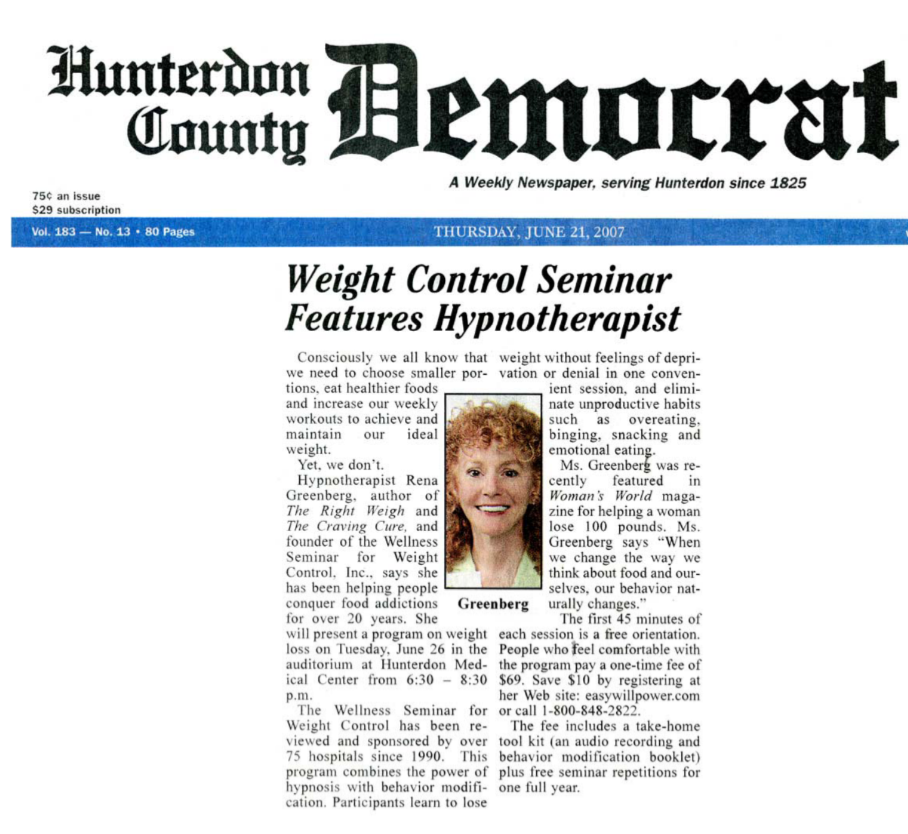 Hunterdon County Democrat features hypnotherapist Rena Greenberg weight loss expert