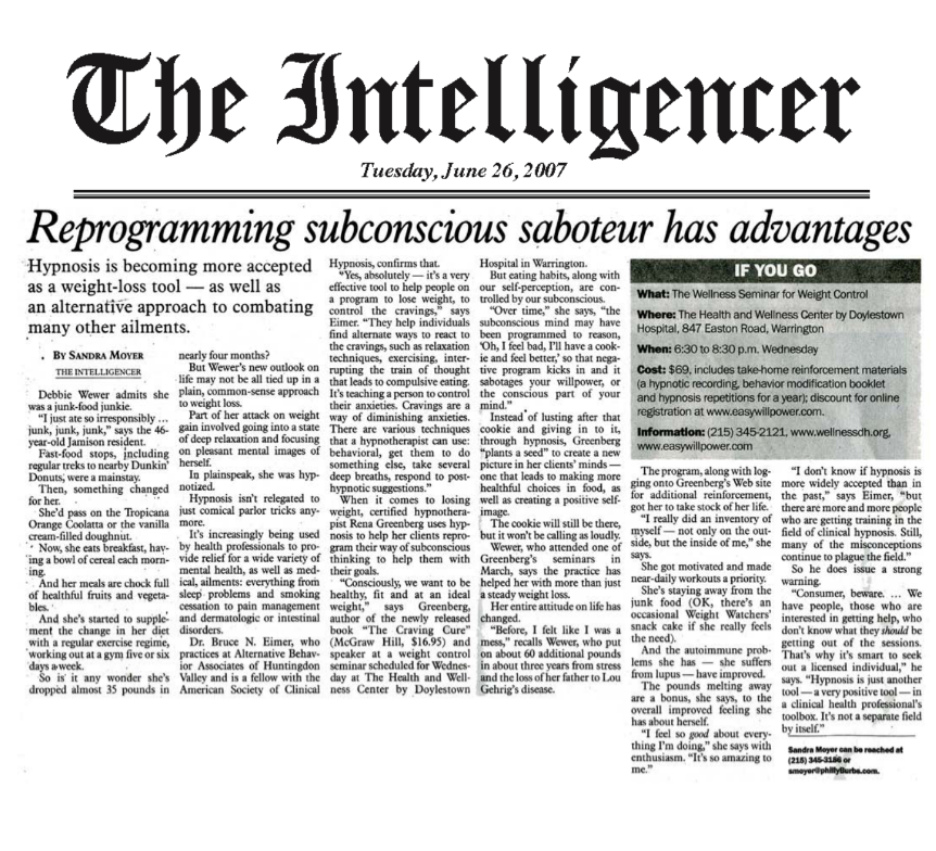 The Intelligencer Rena Greenberg Hypnosis article