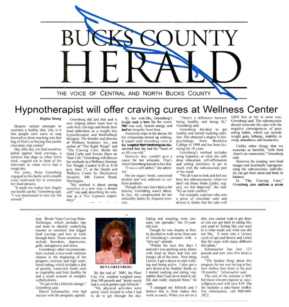 Bucks County Herald Hypnotherapist Rena Greenberg