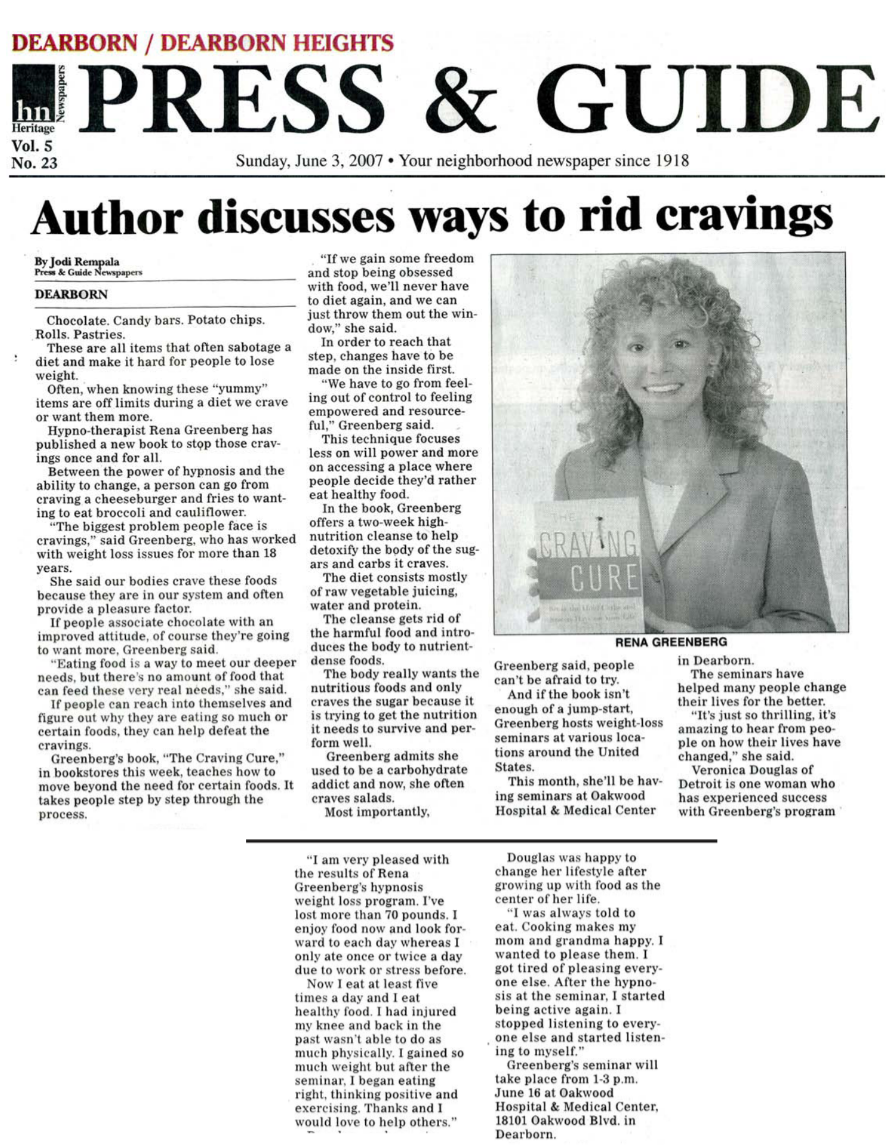 Press & Guide Rena Greenberg Hay House Author featured hypnosis for cravings