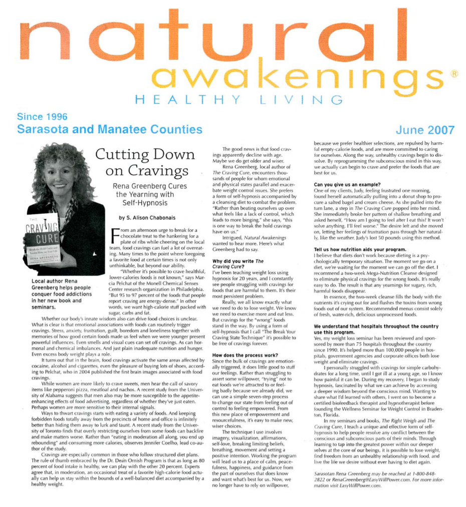 Natural Awakenings features Rena Greenberg Hay House Author Hypnotist on Cravings