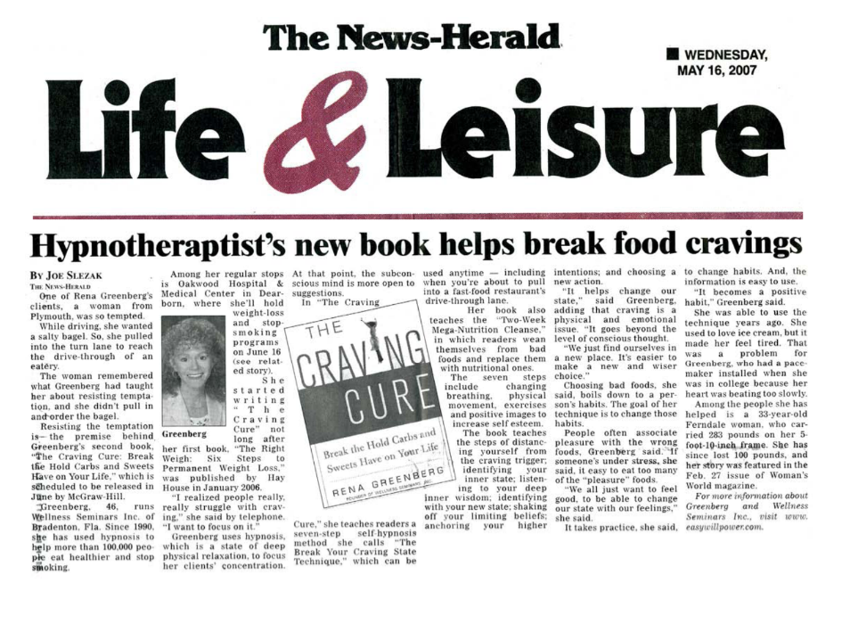 The News herald hypnotherapist Rena Greenberg Hay House Author