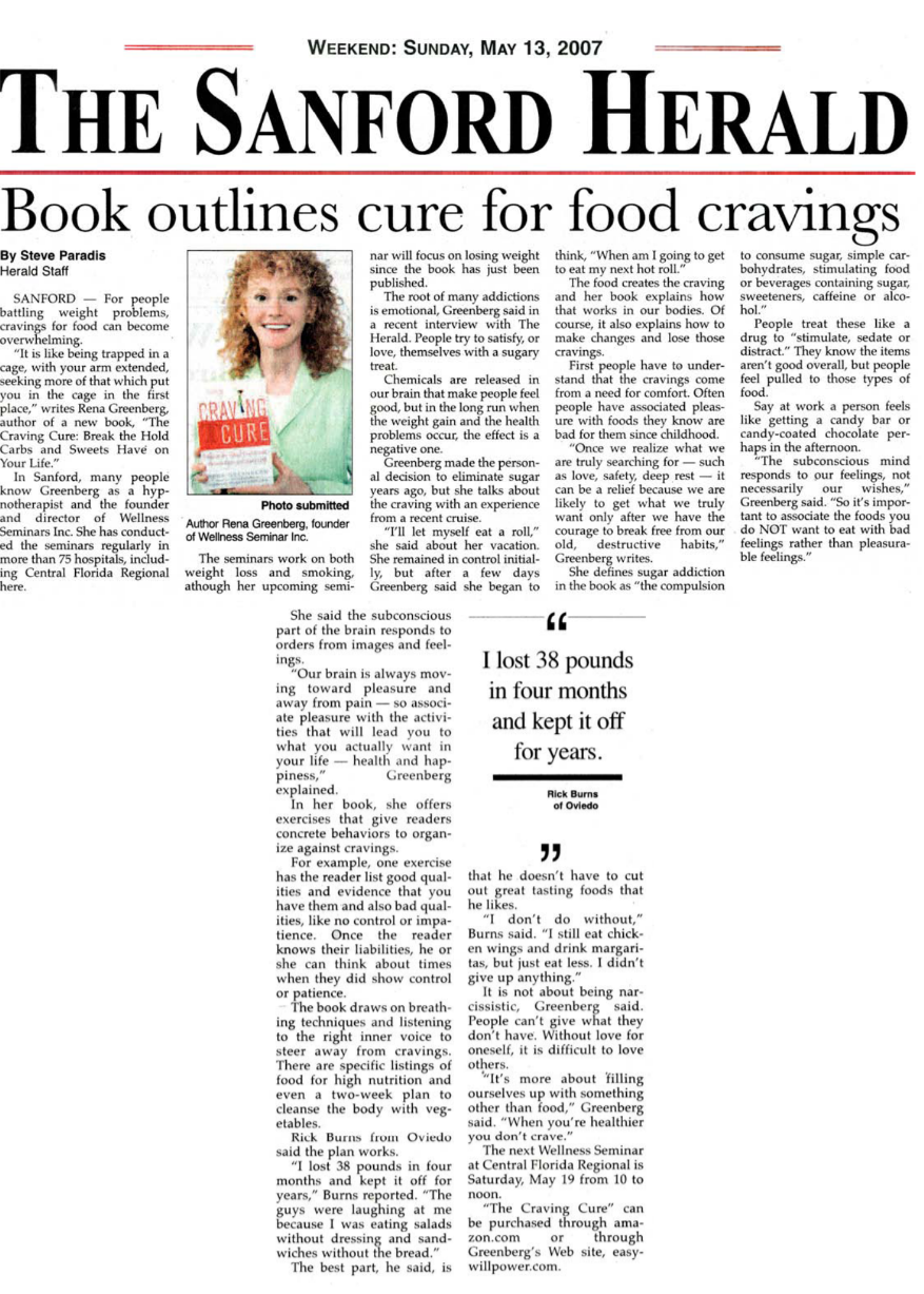 The Sanford Herald Hay House Author Rena Greenberg weight loss success