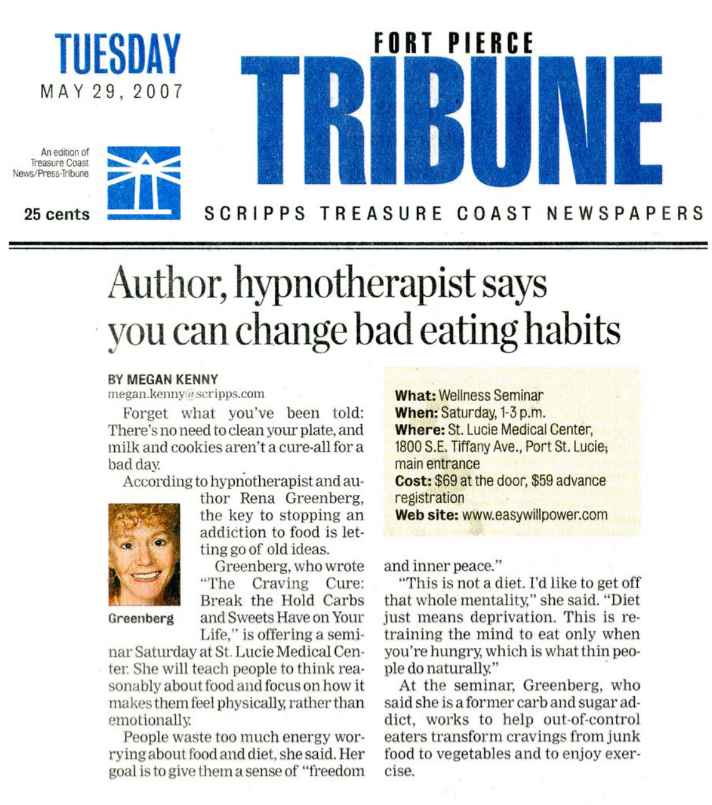 Fort Pierce Tribune Hay House author Rena Greenberg Hypnotherapist Weight Loss success