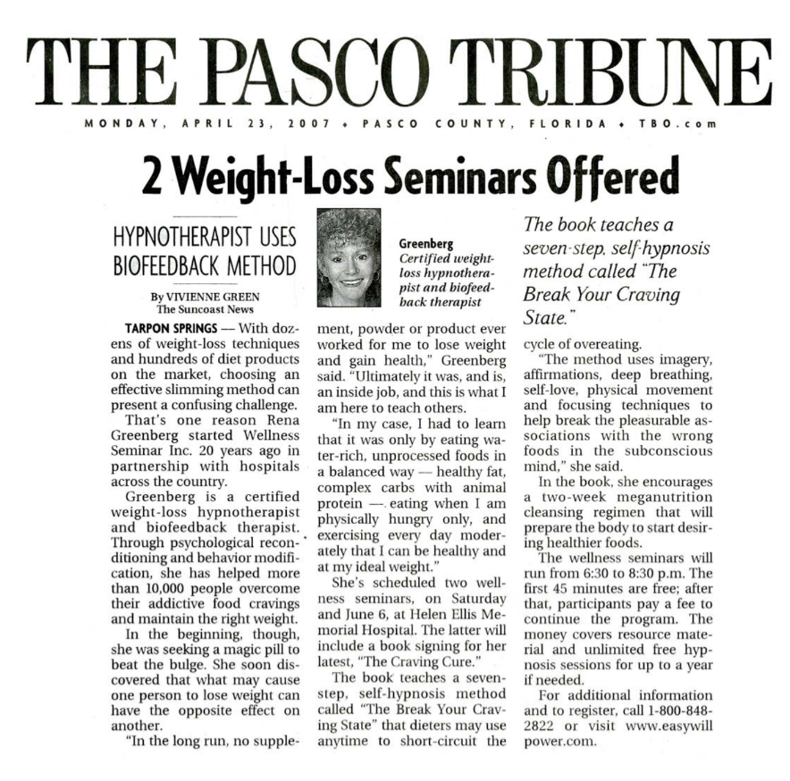 Pasco Tribune Rena Greenberg Hypnotherapist Biofeedback Weight Loss Success