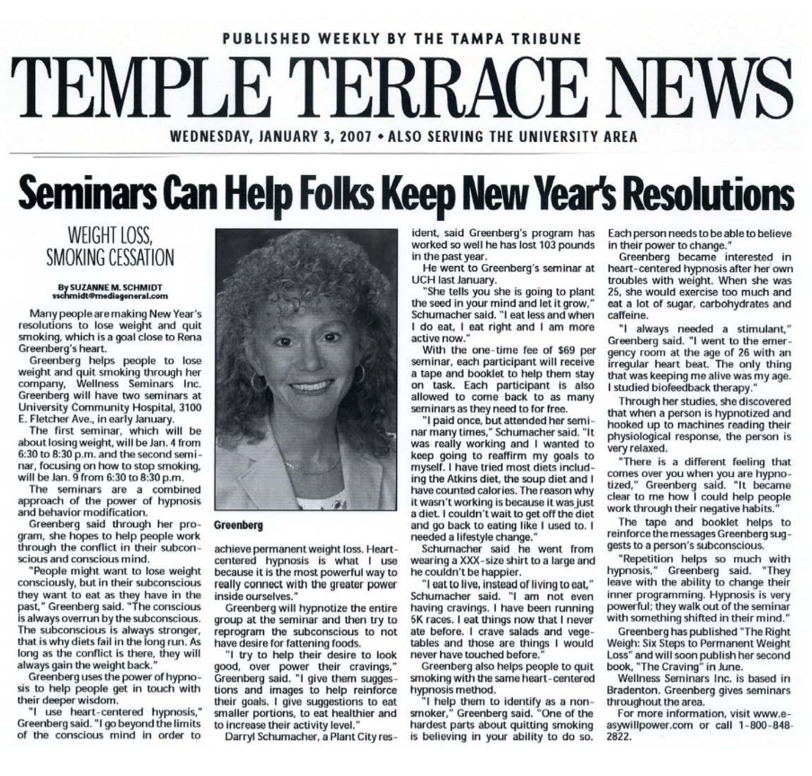 Temple Terrace News weight loss stop smoking hypnosis Rena Greenberg