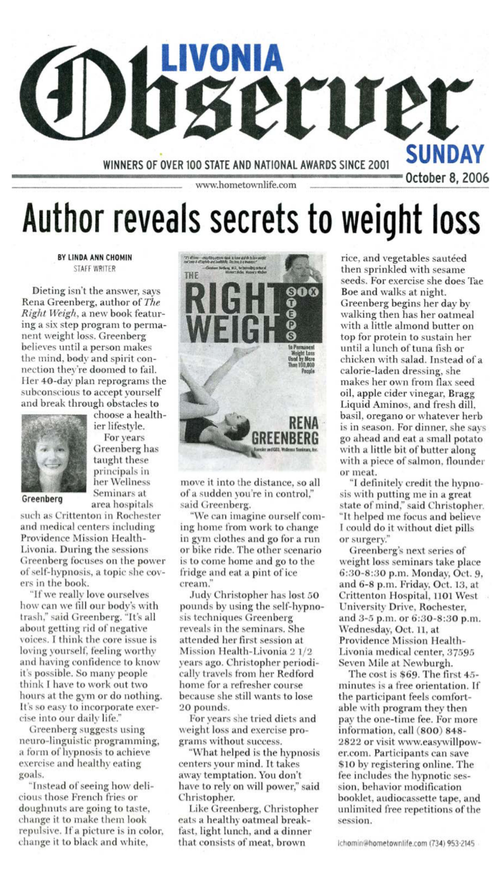 Livonia Observer Hay House Author Rena Greenberg weight loss hypnosis success