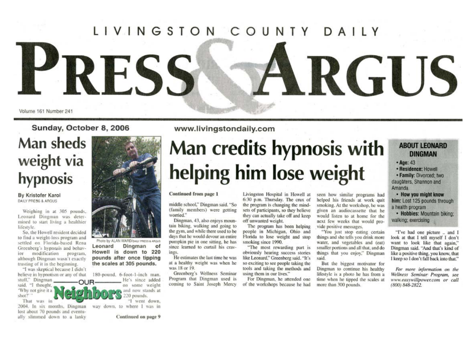 Press & Argus Hypnosis weight loss success Rena Greenberg