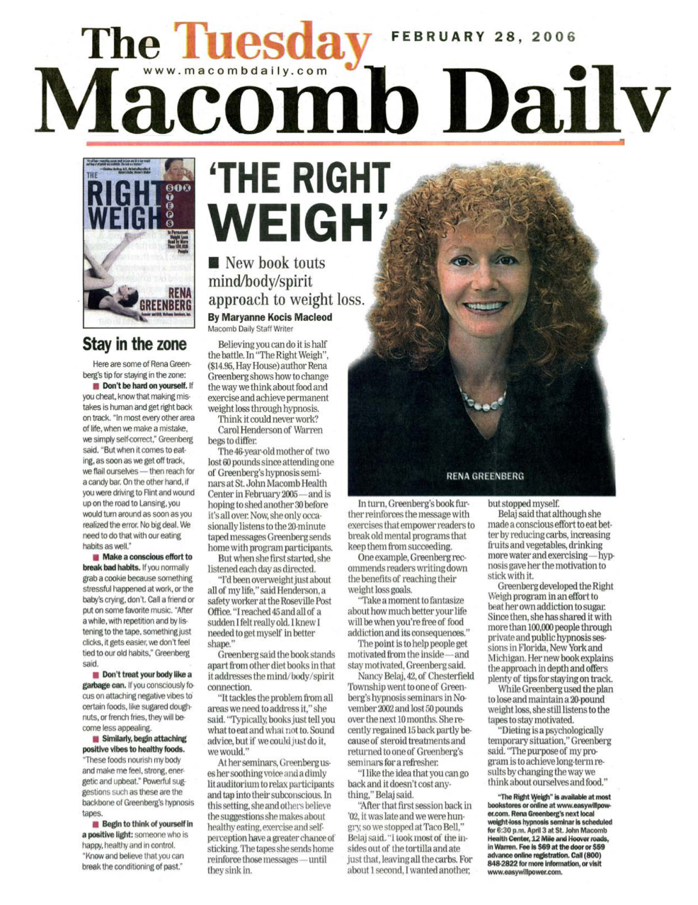 Macomb Daily Rena Greenberg Hypnosis Hay House Author weight loss