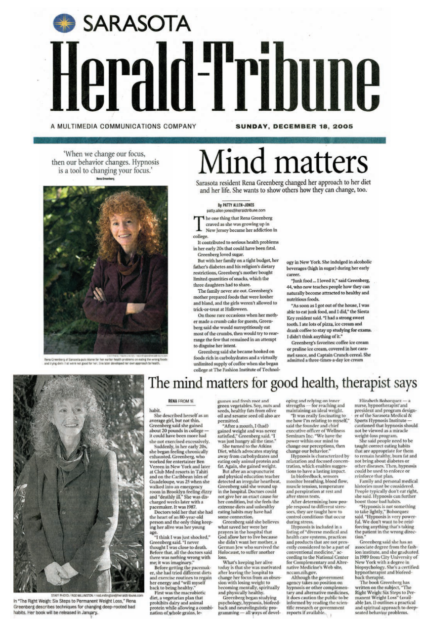 Sarasota Herald Tribune Rena Greenberg weight loss hypnosis success