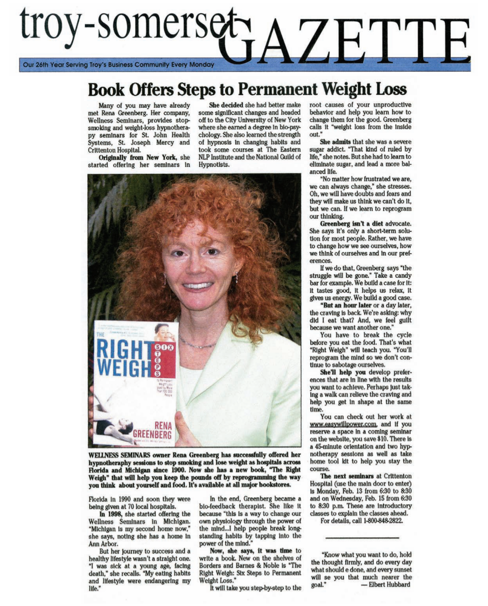 Gazette features Rena Greenberg Hay House Author Hypnosis Weight Loss