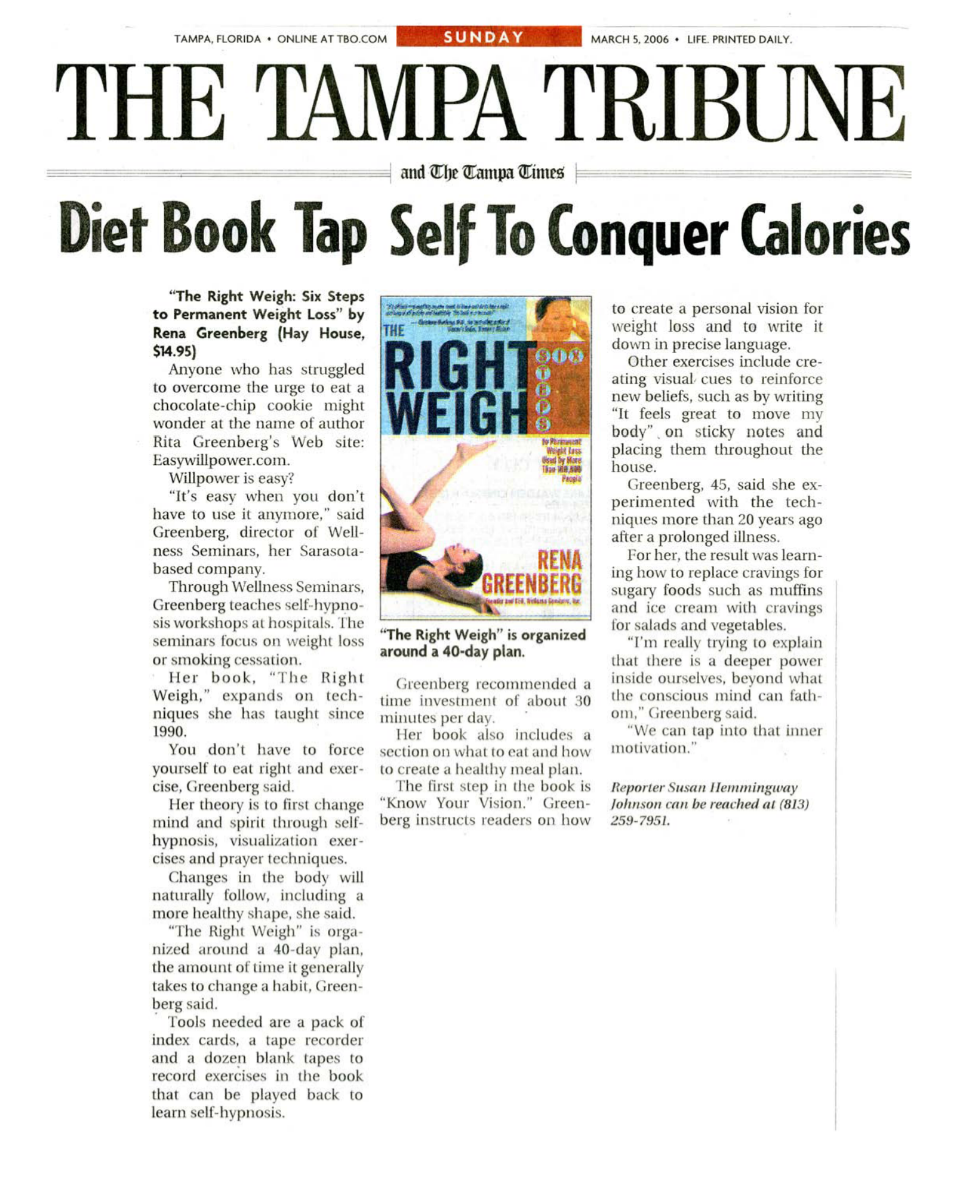 The Tampa Tribune features hypnotherapist Rena Greenberg weight loss success