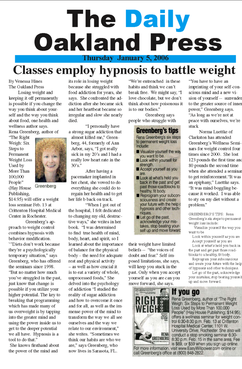 The Daily Oakland Press Hypnosis Weight Loss Rena Greenberg