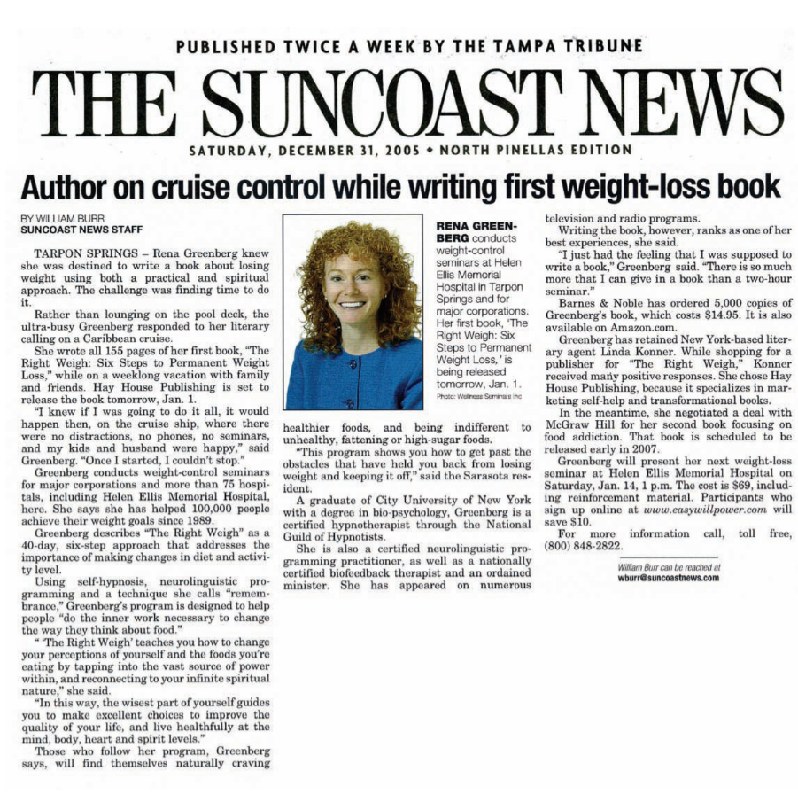 The Suncoast News Rena Greenberg Hay House Author Weight Loss