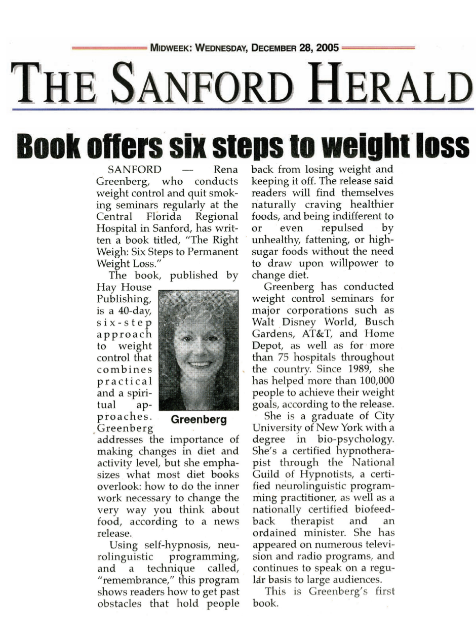 The Sanford Herald Hay House Author Rena Greenberg Weight Loss Success