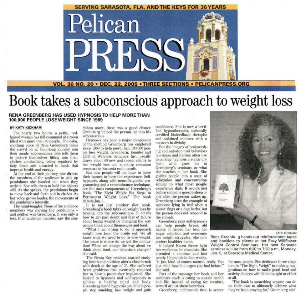 Pelican Press Hay House Author Rena Greenberg Weight Loss Success