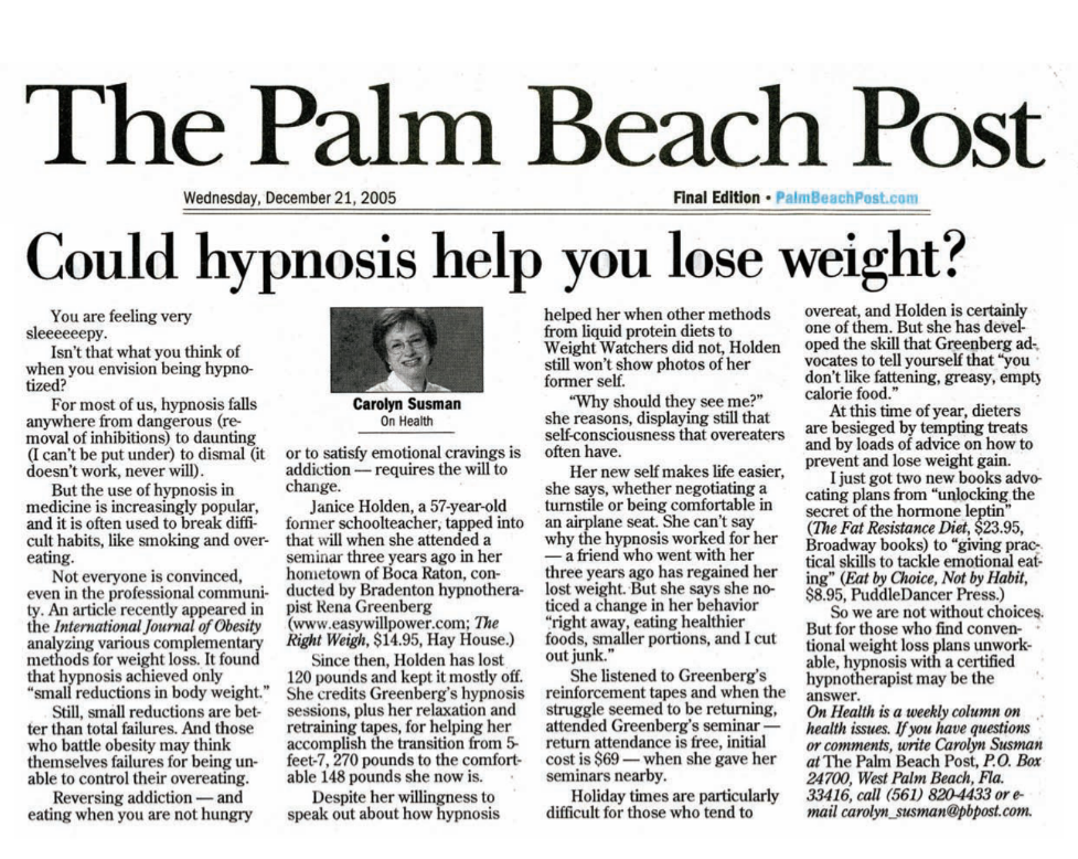 Palm Beach Post Hypnosis Weight Loss Rena Greenberg featured