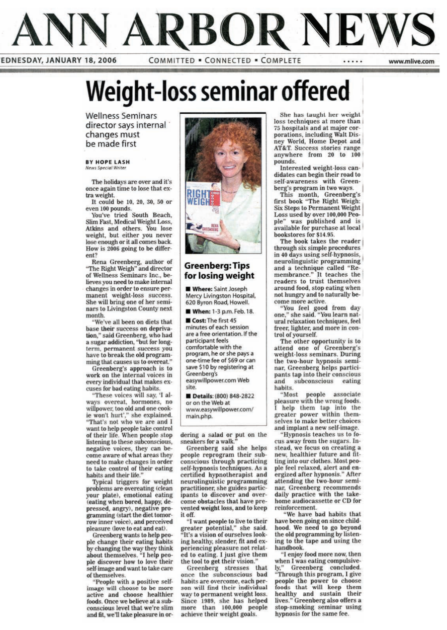 Ann Arbor News Rena Greenberg Hay House Author Weight Loss Hypnosis story