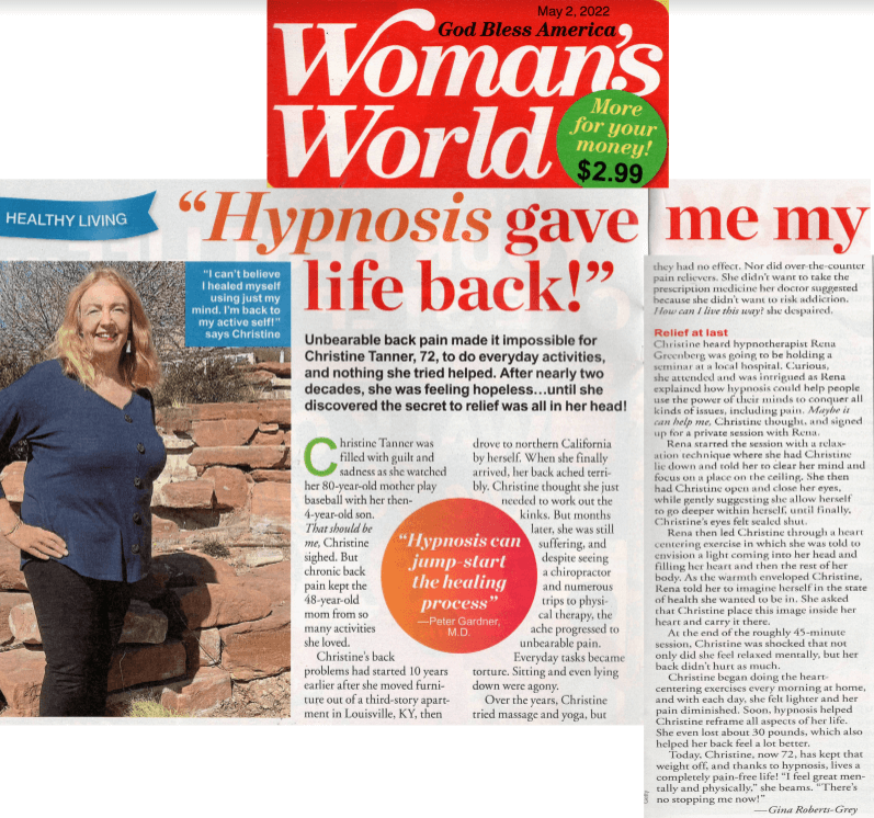 Woman's World Magazine Rena Greenberg's Hypnosis helps Christine get out of pain