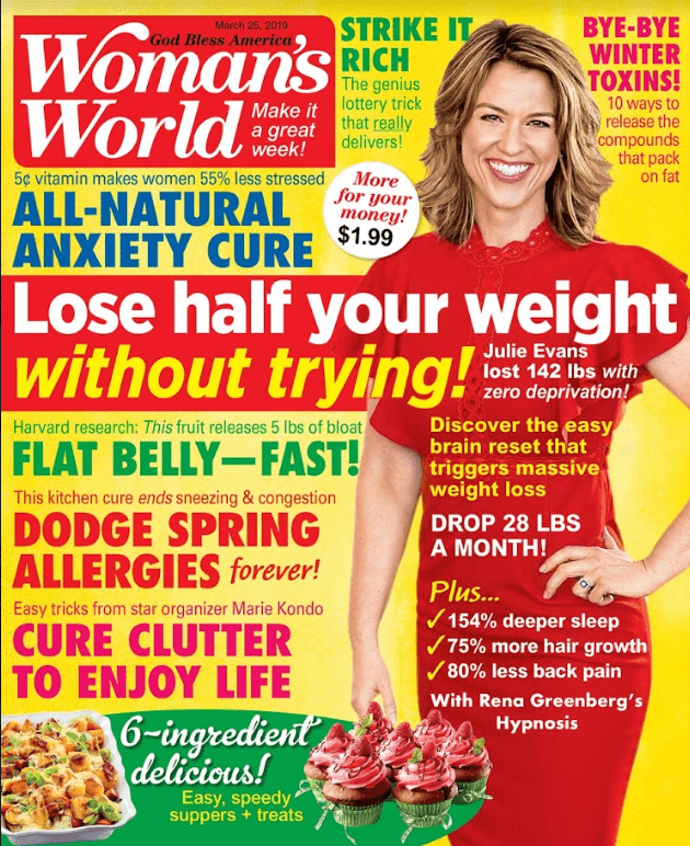 Rena Greenberg featured in Woman's World Magazine for weight loss success with hypnotherapy