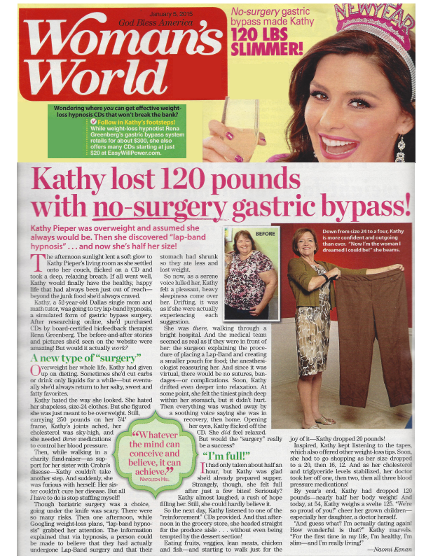 Woman's World Magazine features Rena Greenberg client lost 120 pounds with hypnosis